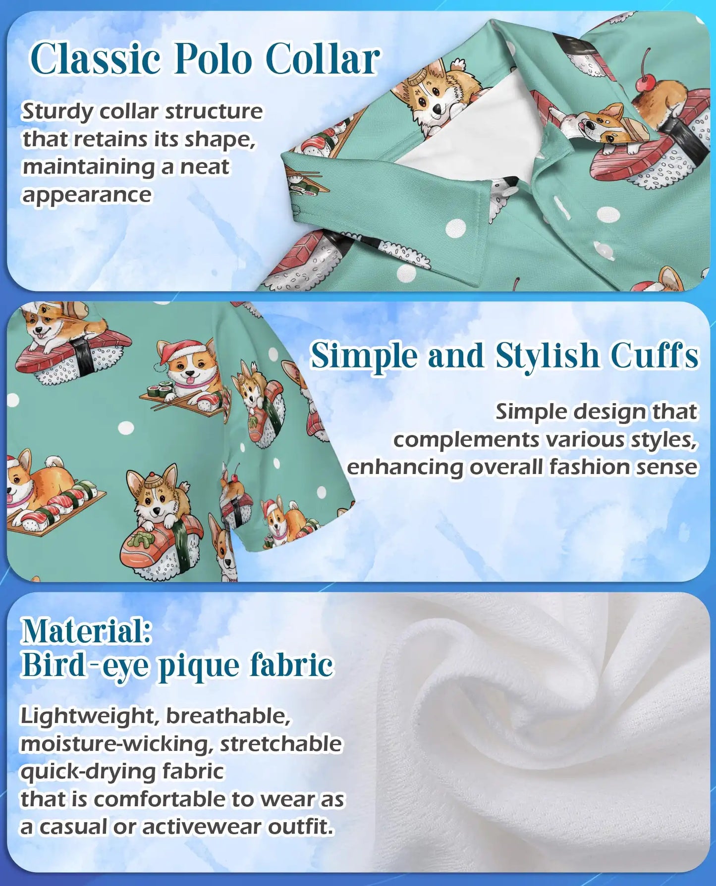 Cute Corgi Sushi Polo Shirt for Men - Funny Japanese Food | Azhawaiian