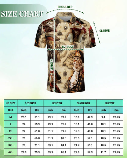 Pirate Cat 3D Polo Shirt for Men, Vintage Nautical Adventure Style | Azhawaiian
