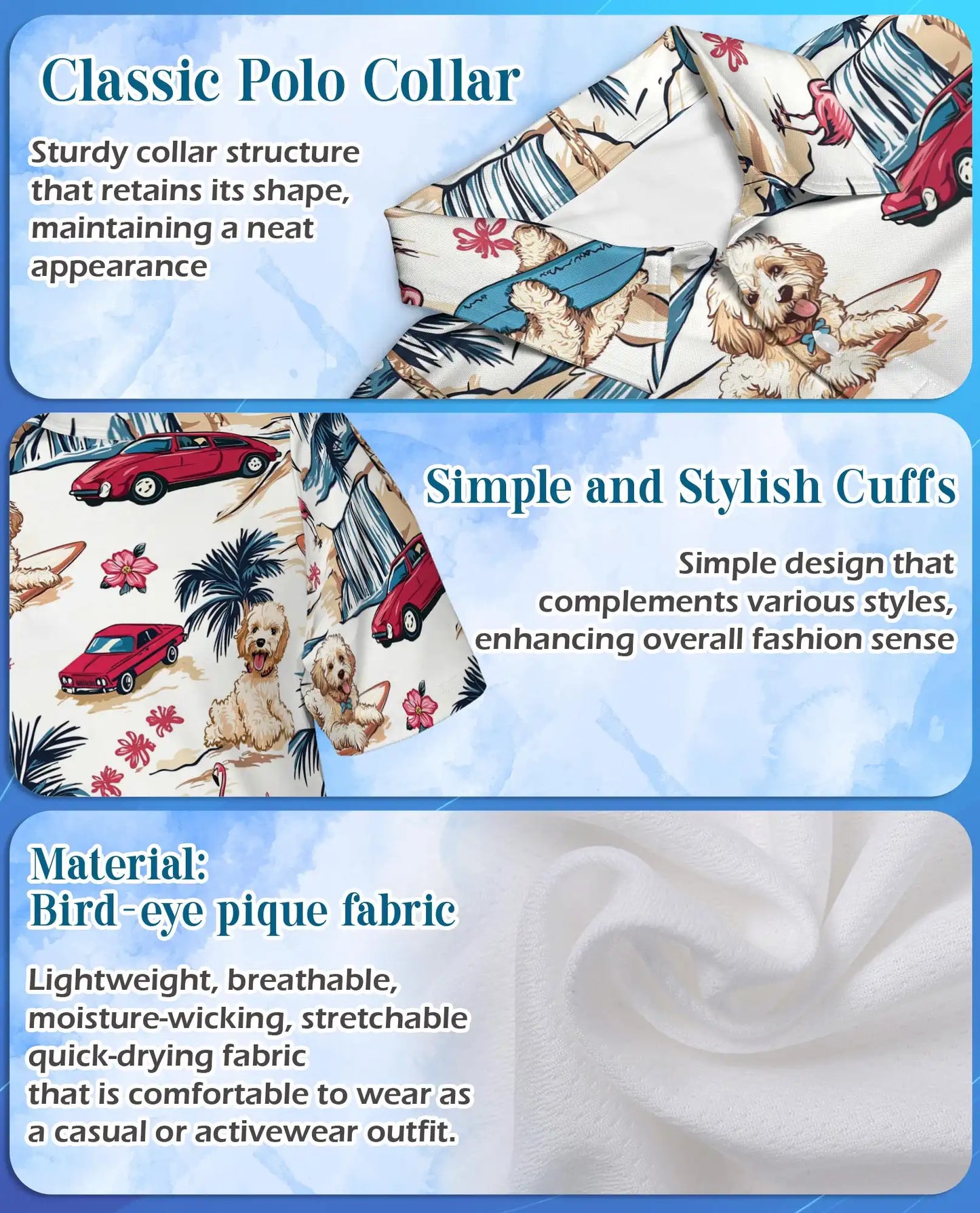 Surfing Dog Beach Polo Shirt - Coastal Tropical Vacation Style | Azhawaiian