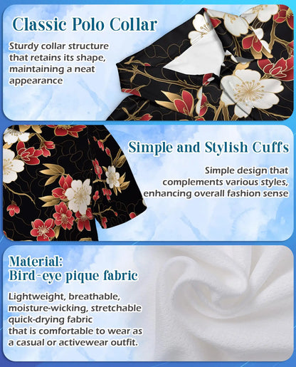 Red Blossom Polo Shirt for Men, Elegant Floral Style | Azhawaiian