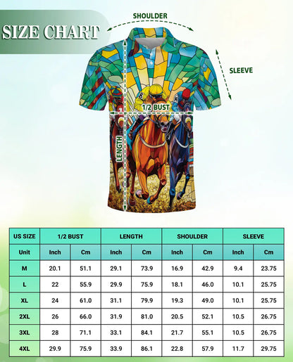 Stained Glass Horse Racing 3D Polo Shirt for Men, Colorful Jockey Derby Style | Azhawaiian