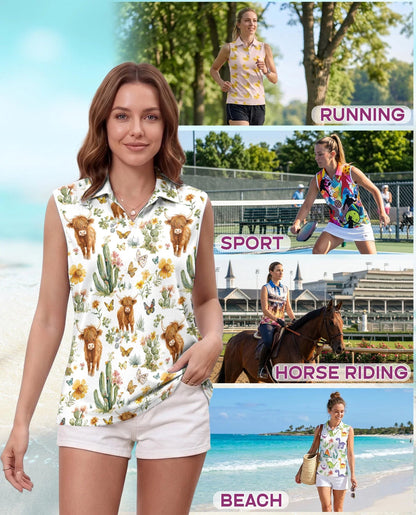 Cute Highland Cattle Sleeveless Polo Shirt for Women | Azhawaiian