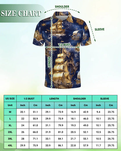 Vintage Pirate Ship 3D Polo Shirt for Men, Nautical Skull Ocean Style | Azhawaiian
