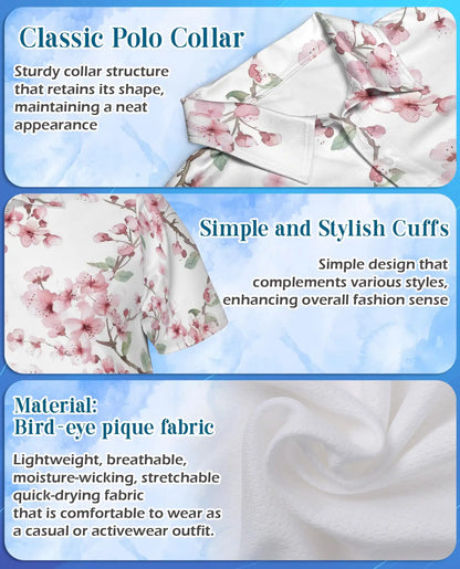 Cherry Blossom Polo Shirt for Men, Spring Floral Style | Azhawaiian
