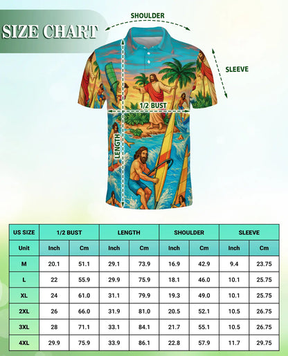 Jesus Surfing Tropical Beach 3D Polo Shirt for Men, Christian Summer Island Style | Azhawaiian