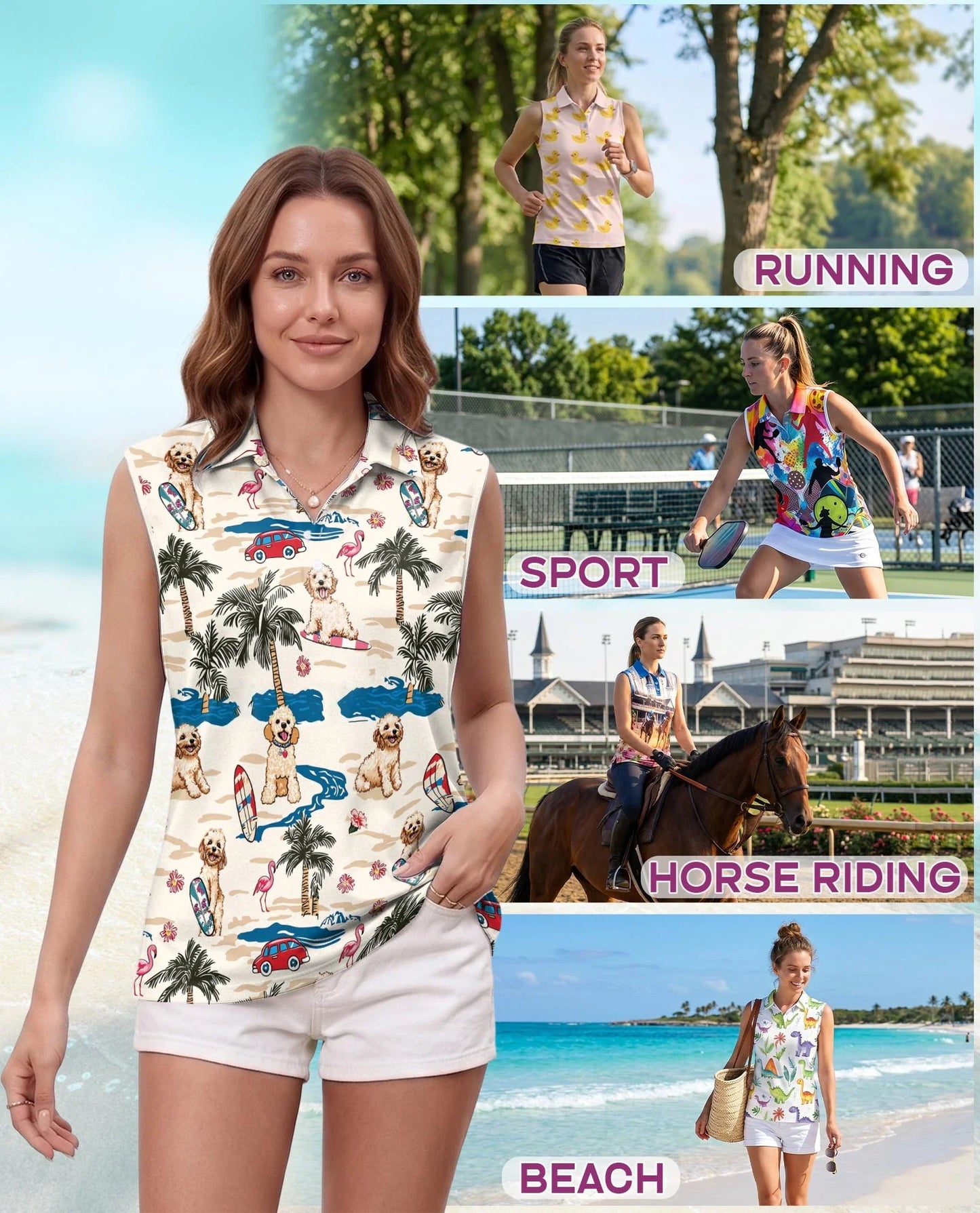 Goldendoodle Summer Beach Sleeveless Polo Shirt for Women | Azhawaiian