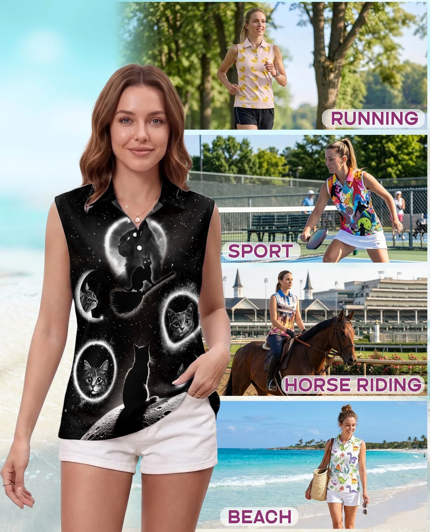 Black Cat Moonlight Sleeveless Polo Shirt for Women