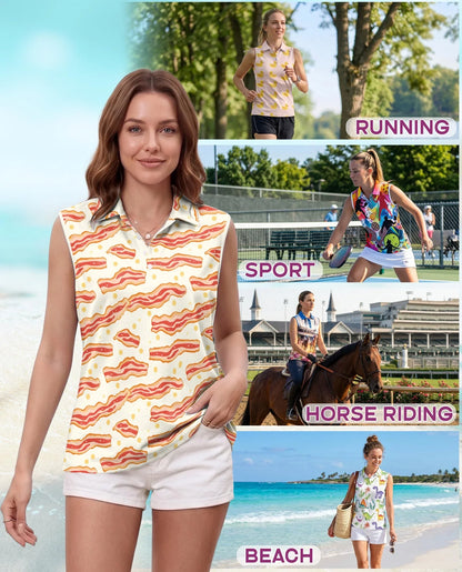 Bacon Eggs Pattern Sleeveless Polo Shirt for Women | Azhawaiian