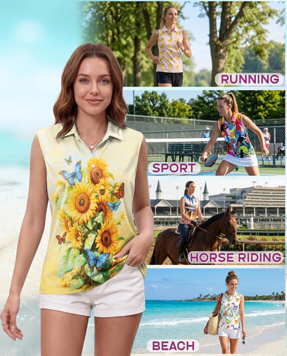 Sunflower Butterfly Sleeveless Polo Shirt for Women | Azhawaiian