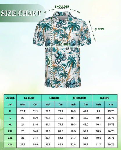 Tropical Octopus 3D Polo Shirt for Men, Ocean Palm Tree Beach Style | Azhawaiian