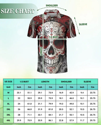 Sugar Skull Polo Shirt, Red Gothic Style | Azhawaiian