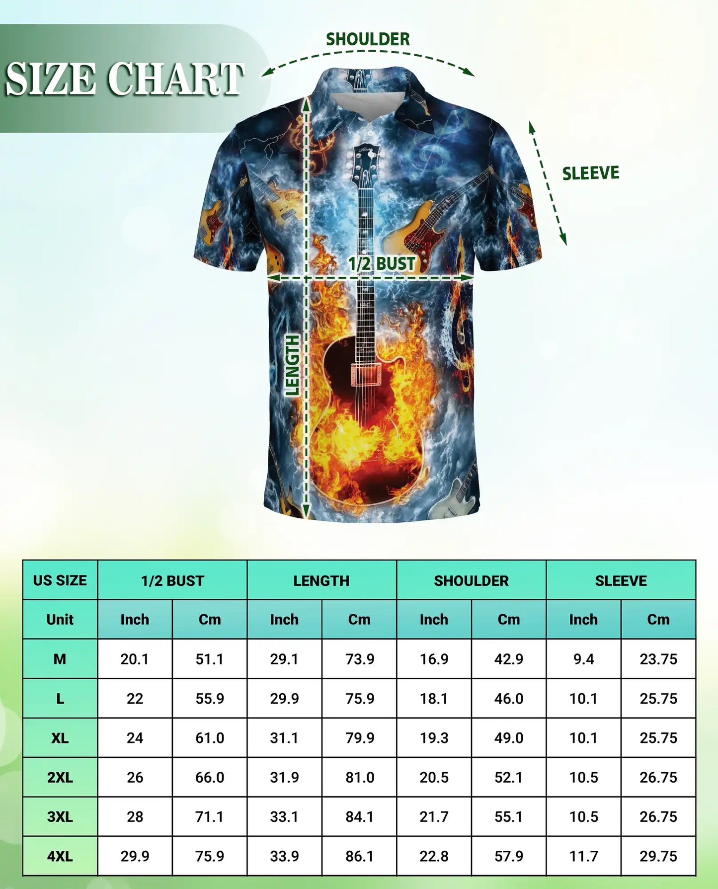 Flaming Guitar 3D Polo Shirt for Men, Rock Music Fire Storm Style | Azhawaiian