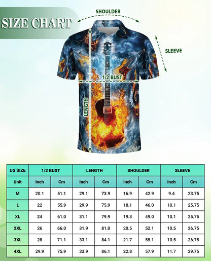 Flaming Guitar 3D Polo Shirt for Men, Rock Music Fire Storm Style | Azhawaiian