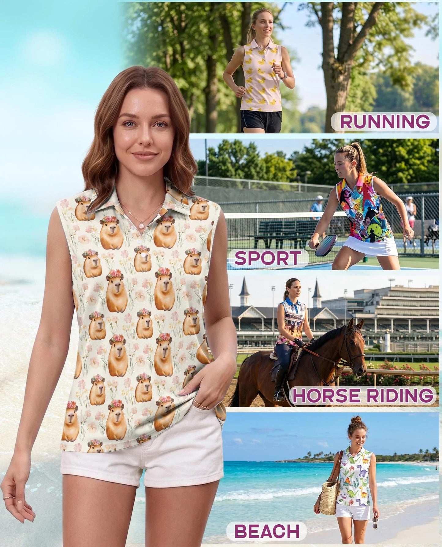 Capybara Flower Crown Sleeveless Polo Shirt for Women | Azhawaiian