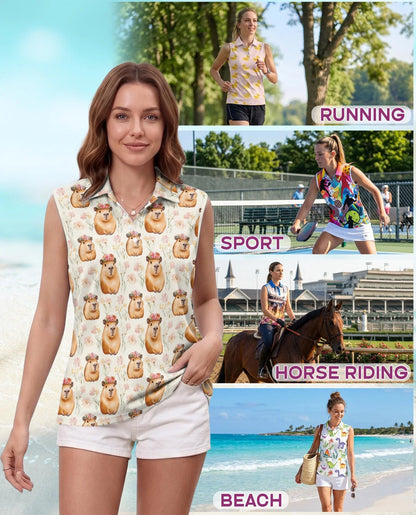 Capybara Flower Crown Sleeveless Polo Shirt for Women | Azhawaiian