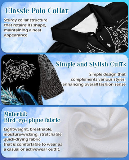 Blue Dragon Cross Polo Shirt for Men - Fantasy Medieval Dragon | Azhawaiian