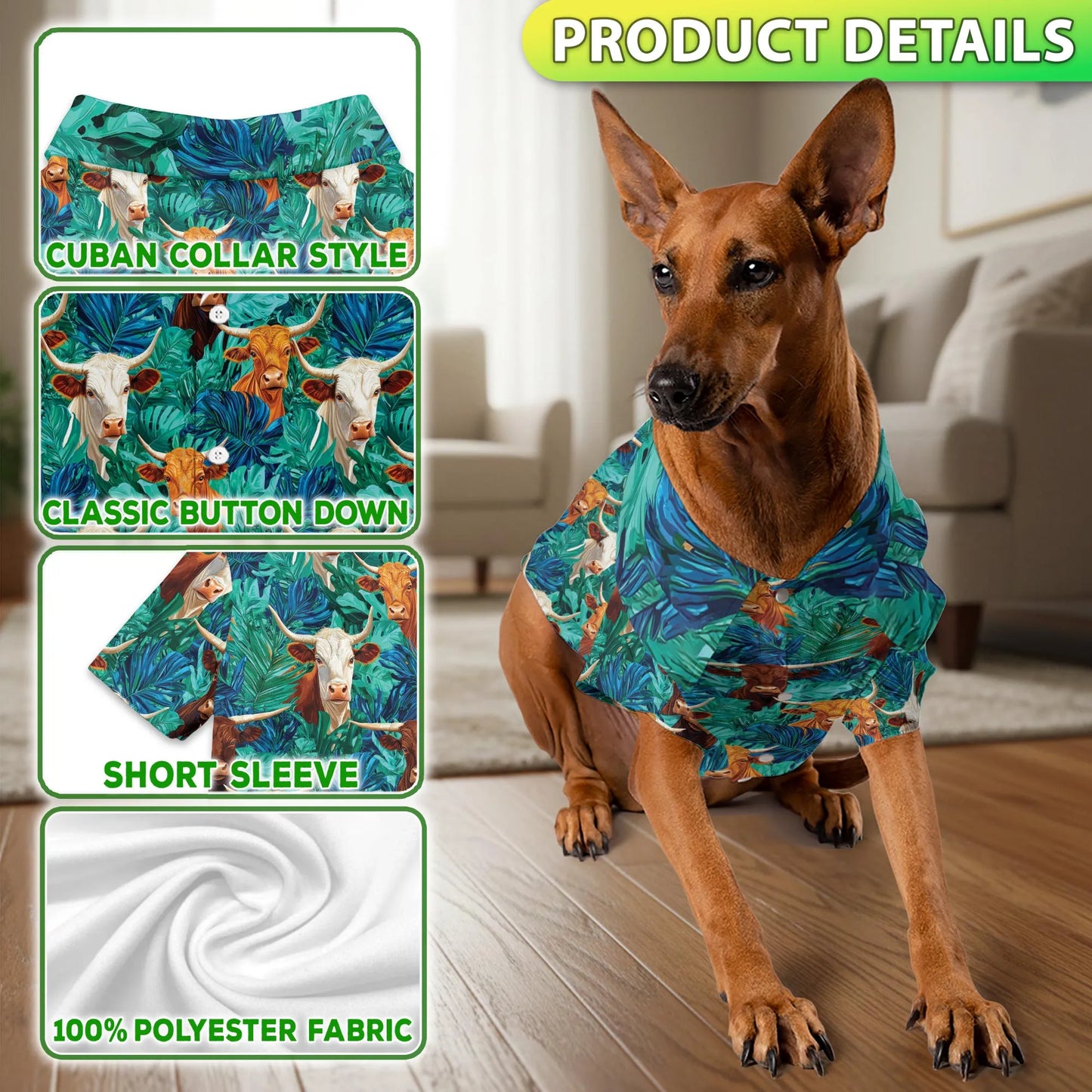 Texas Longhorn Cattle Tropical Leaf Print Matching Dog Owner Hawaiian Shirts, Funny Pet Aloha Shirt for Beach Vacation - Azhawaiian