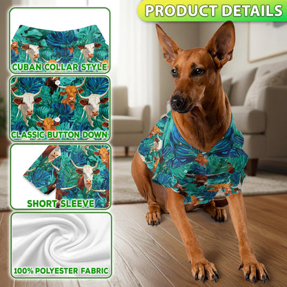 Texas Longhorn Cattle Tropical Leaf Print Matching Dog Owner Hawaiian Shirts, Funny Pet Aloha Shirt for Beach Vacation - Azhawaiian
