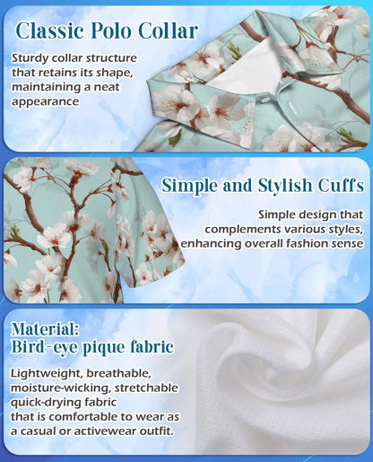 White Cherry Blossom Polo Shirt for Men, Spring Floral Style | Azhawaiian