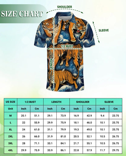 Tiger Wave 3D Polo Shirt for Men, Japanese Ocean Animal Style | Azhawaiian