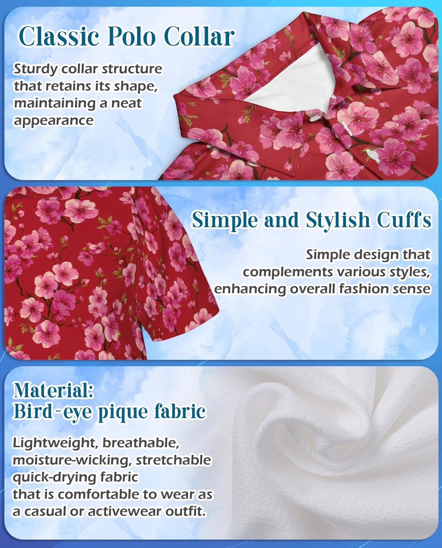 Red Cherry Blossom Polo Shirt for Men, Japanese Sakura Floral Style | Azhawaiian