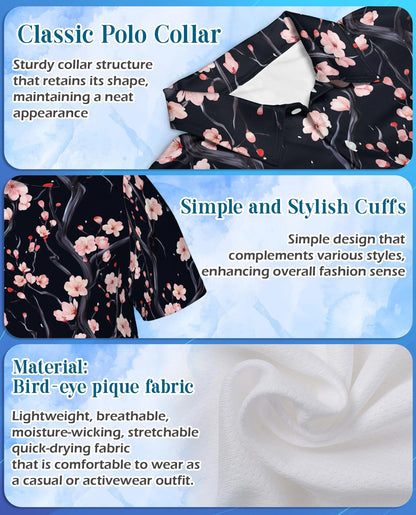 Japanese Floral Polo Shirt for Men, Elegant Sakura Art Style | Azhawaiian