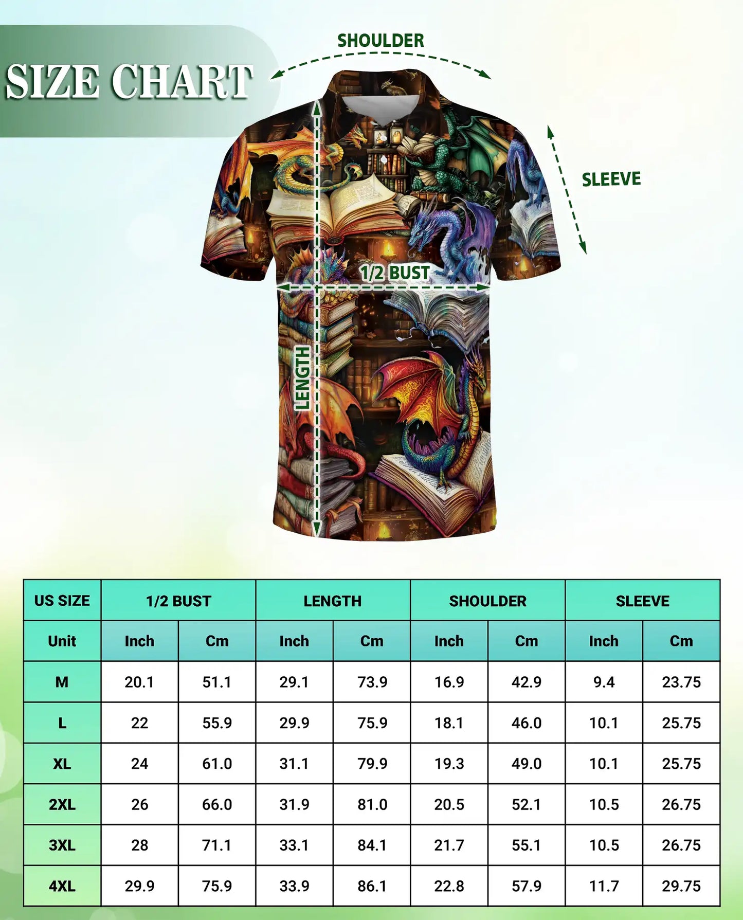 Fantasy Dragon Library 3D Polo Shirt for Men, Magical Book Art Style | Azhawaiian