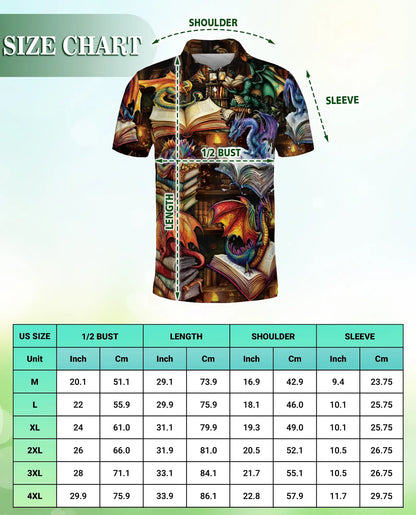 Fantasy Dragon Library 3D Polo Shirt for Men, Magical Book Art Style | Azhawaiian