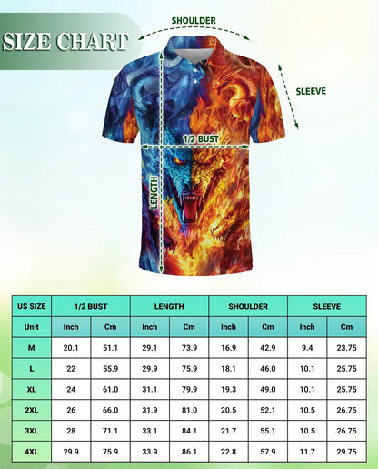 Fire and Ice Dragon 3D Polo Shirt for Men, Fantasy Mythical Beast Style | Azhawaiian