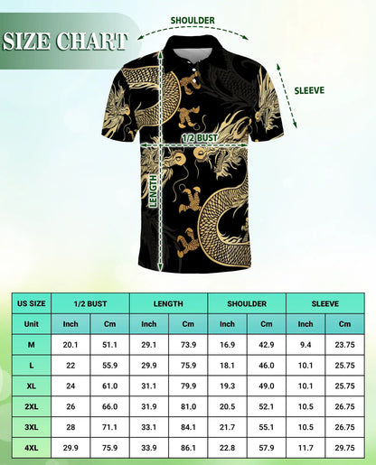 Gold Dragon 3D Polo Shirt for Men, Black Asian Fantasy Art Style | Azhawaiian
