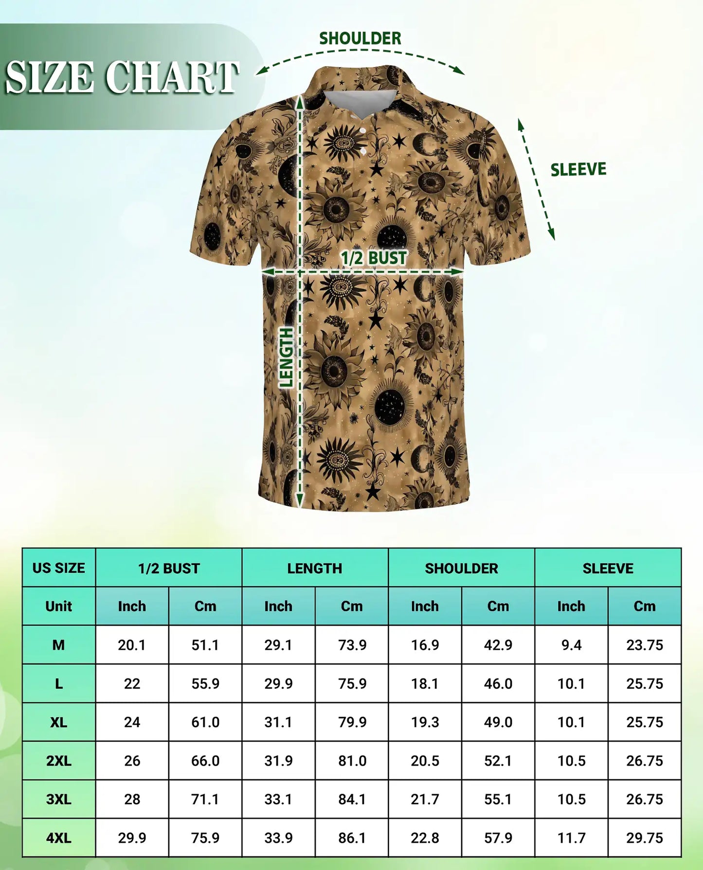 Celestial Sunflower Polo Shirt for Men-Boho Moon Stars Botanical Floral Shirt | Azhawaiian