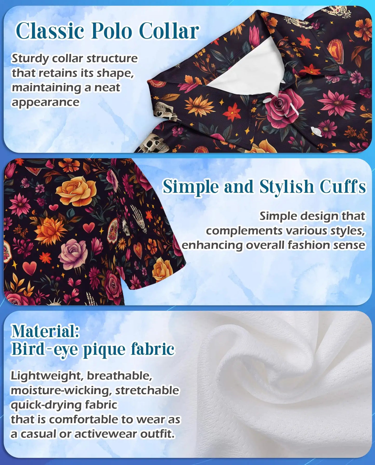 Floral Sugar Skull Polo Shirt for Men-Gothic Rose Skeleton Inspired | Azhawaiian