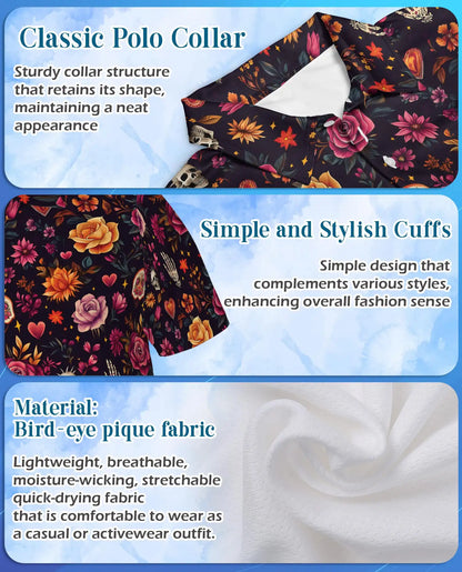 Floral Sugar Skull Polo Shirt for Men-Gothic Rose Skeleton Inspired | Azhawaiian