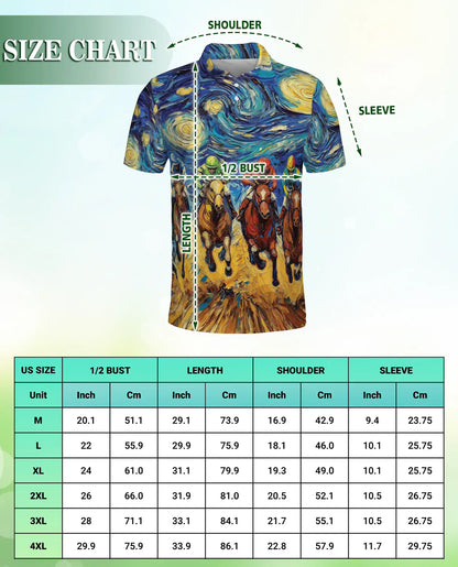 Starry Night Horse Racing 3D Polo Shirt for Men, Artistic Jockey Derby Style | Azhawaiian