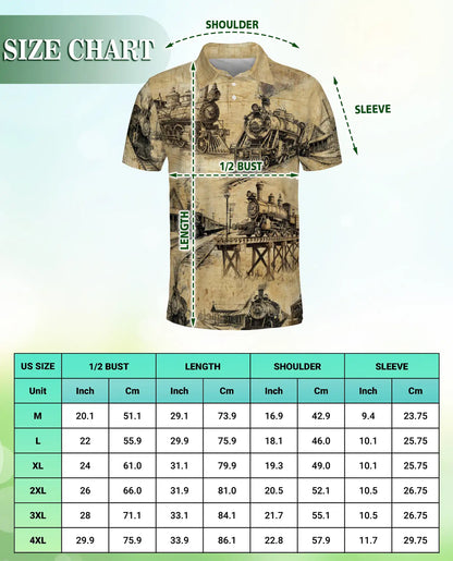 Vintage Steam Train Polo Shirt, Classic Railroad Blueprint Art | Azhawaiian