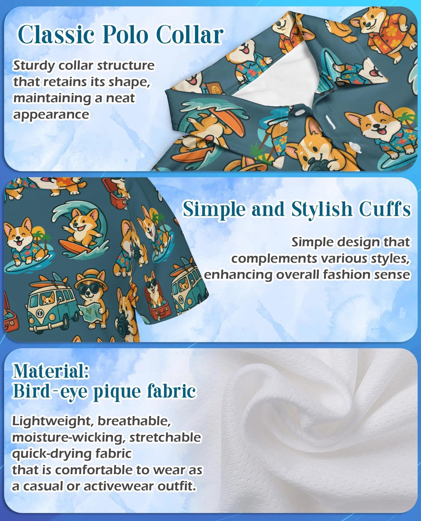Cartoon Corgi Surfing Polo Shirt for Men, Cute Dog Beach Style | Azhawaiian