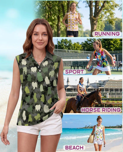 Pomeranian Camouflage Pattern Sleeveless Polo Shirt for Women | Azhawaiian