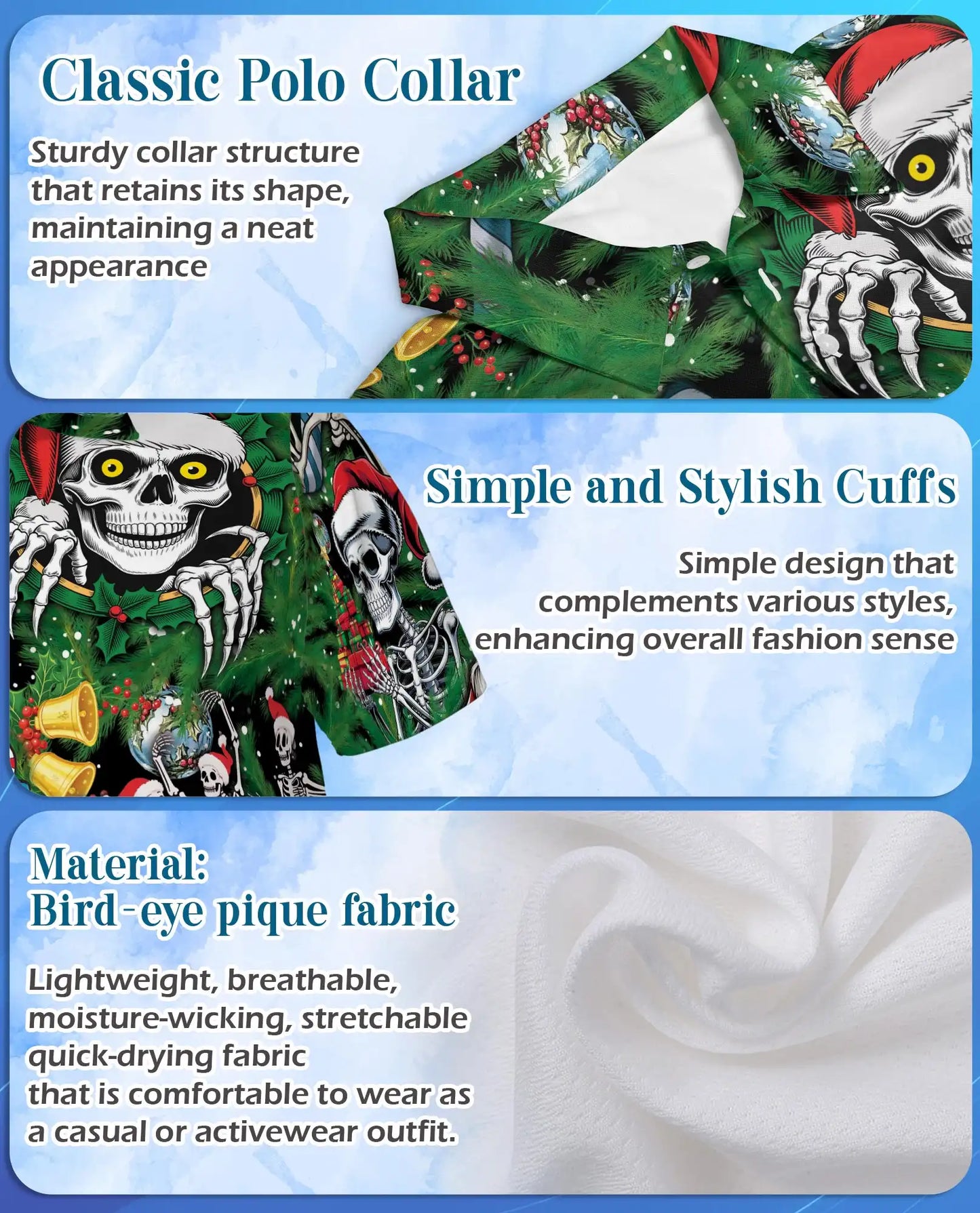 Skeleton Christmas Polo Shirt, Funny Holiday Skull Print | Azhawaiian