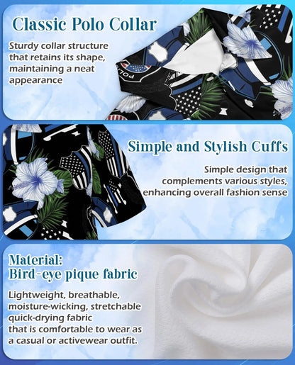 Police Thin Blue Line Polo Shirt - Tropical Floral Design | Azhawaiian
