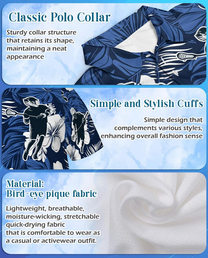 Blue Black Lacrosse Tropical Polo Shirt for Men, Sporty Island Style | Azhawaiian