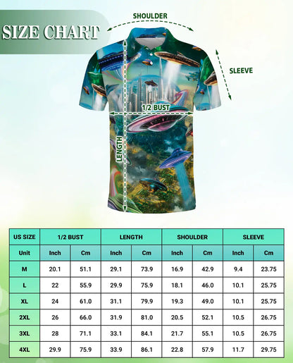 UFO Polo Shirt, Futuristic Sci-Fi City Print | Azhawaiian
