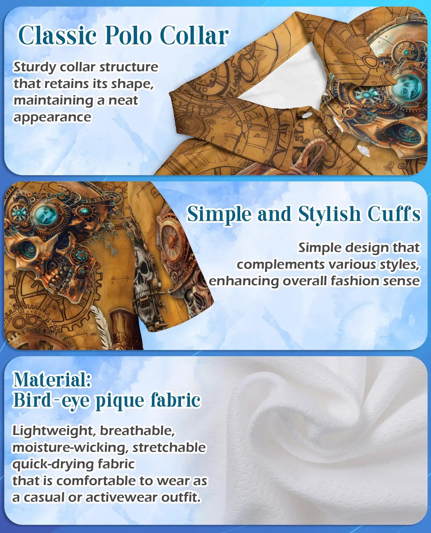 Steampunk Skull Polo Shirt for Men, Mechanical Gothic Skeleton Design | Azhawaiian