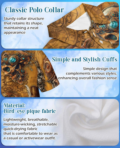 Steampunk Skull Polo Shirt for Men, Mechanical Gothic Skeleton Design | Azhawaiian