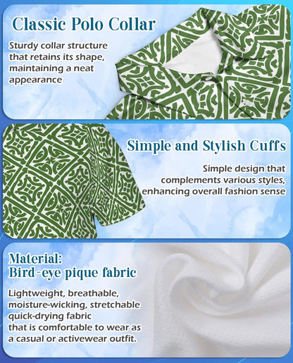 Green Geometric 3D Polo Shirt for Men, Summer Casual | Azhawaiian