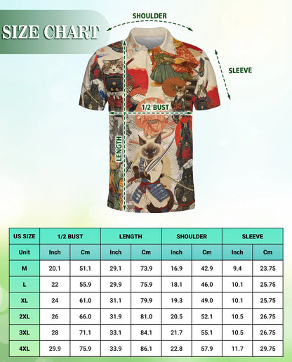 Samurai Cat 3D Polo Shirt for Men, Japanese Warrior Anime Style | Azhawaiian