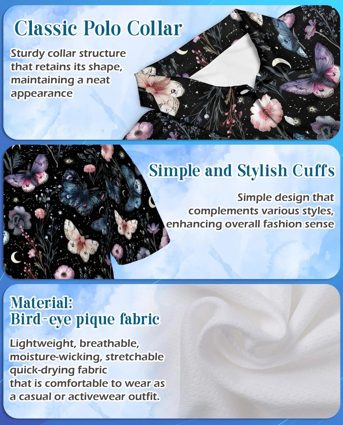 Butterfly Floral Polo Shirt - Moonlit Botanical Garden Style | Azhawaiian