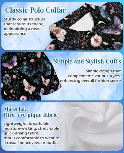 Butterfly Floral Polo Shirt - Moonlit Botanical Garden Style | Azhawaiian