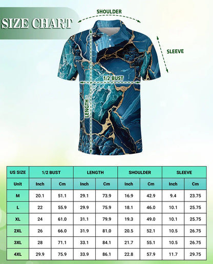 Blue Ocean Marble Polo Shirt for Men-Luxury Abstract Art | Azhawaiian