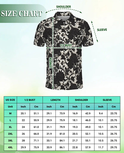 Black White Floral Damask Polo Shirt for Men- Vintage Flower Pattern | Azhawaiian