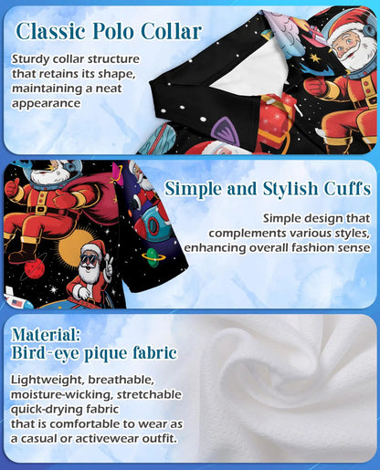 Space Santa Galaxy 3D Polo Shirt for Men, Funny Christmas Astronaut Style | Azhawaiian